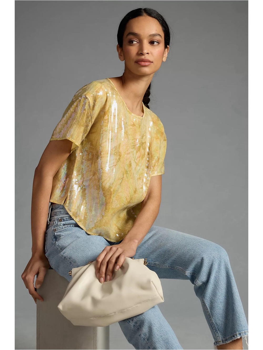 Anthropologie Pilcro Sequin Tech Short Sleeve Top in Yellow
